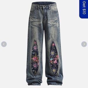 NWT AELFRIC EDEN FIREWORK BEADWORK BAGGY JEANS, size 34